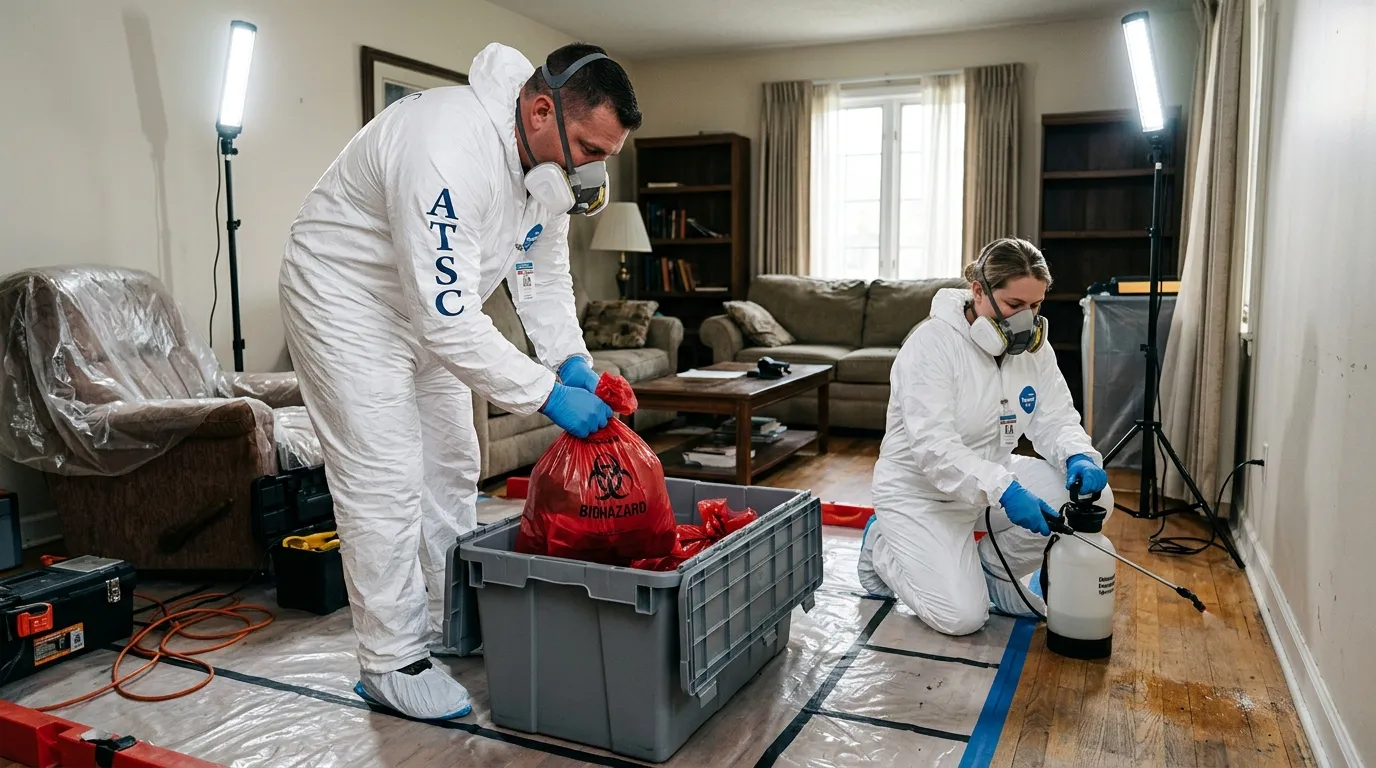 Professional Biohazard Cleanup technician in full PPE working in West Hills